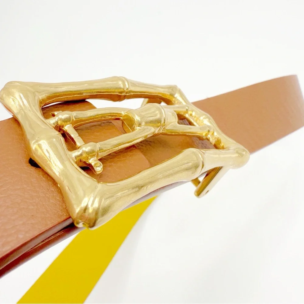Reversible Yellow & Camel Belt With Oversized Gold Bamboo Buckle